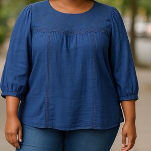 Fig and Flower | Crochet Detail Flowy 3/4 Sleeves‎ Blue Boho Peasant Top Size 2X
